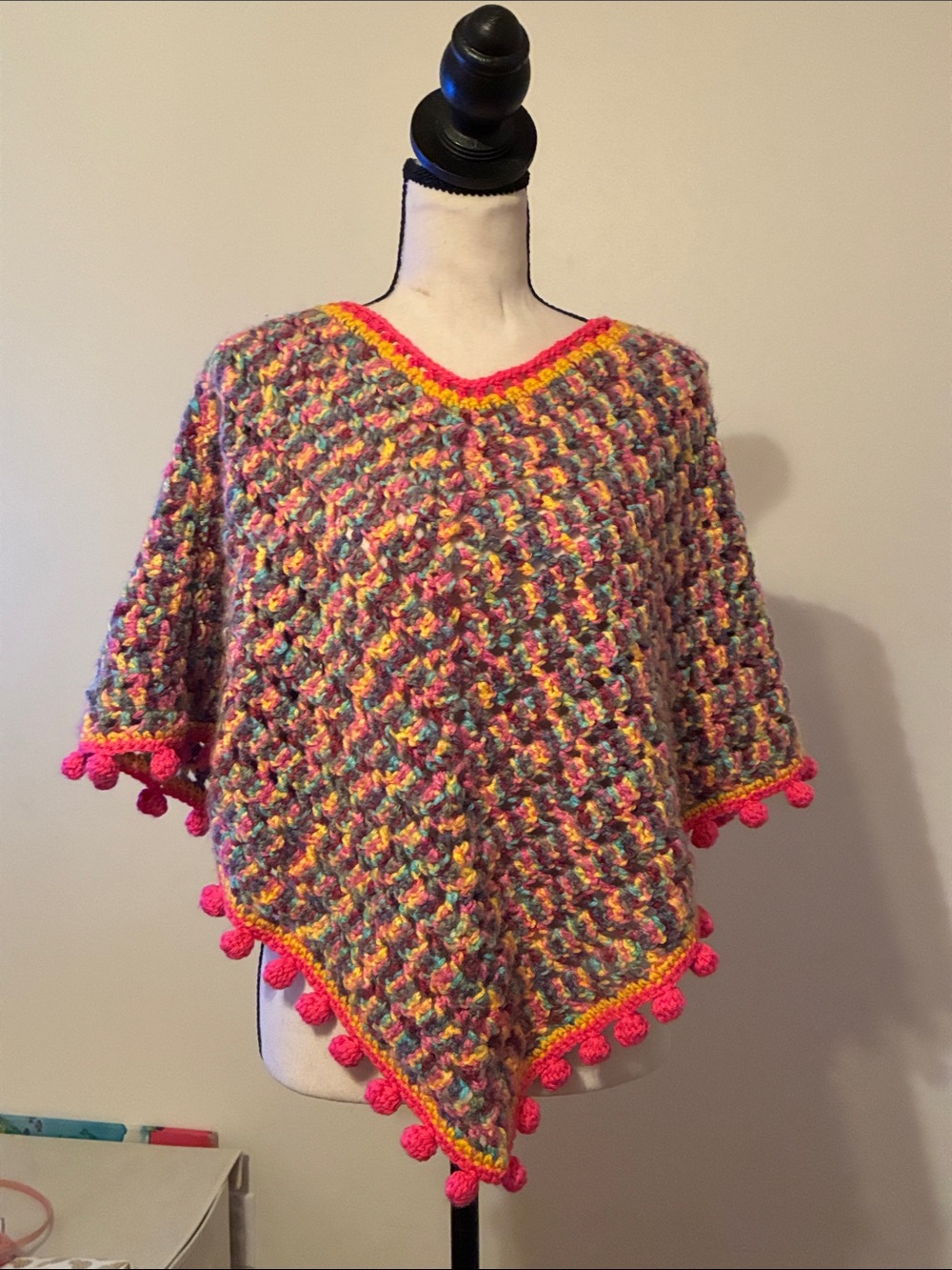 Handmade Bright Colorful Crochet Poncho with Hot Pink Trim Vintage NWOT